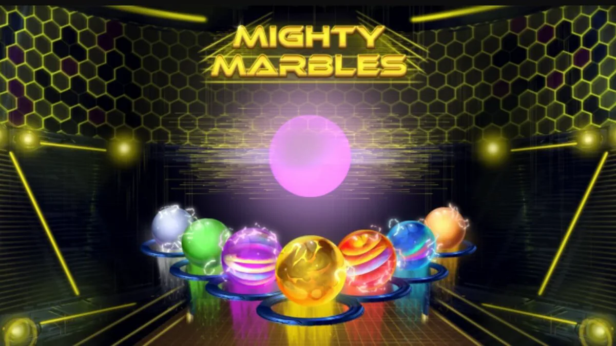 Interface vibrante e neon do slot Mighty Marbles