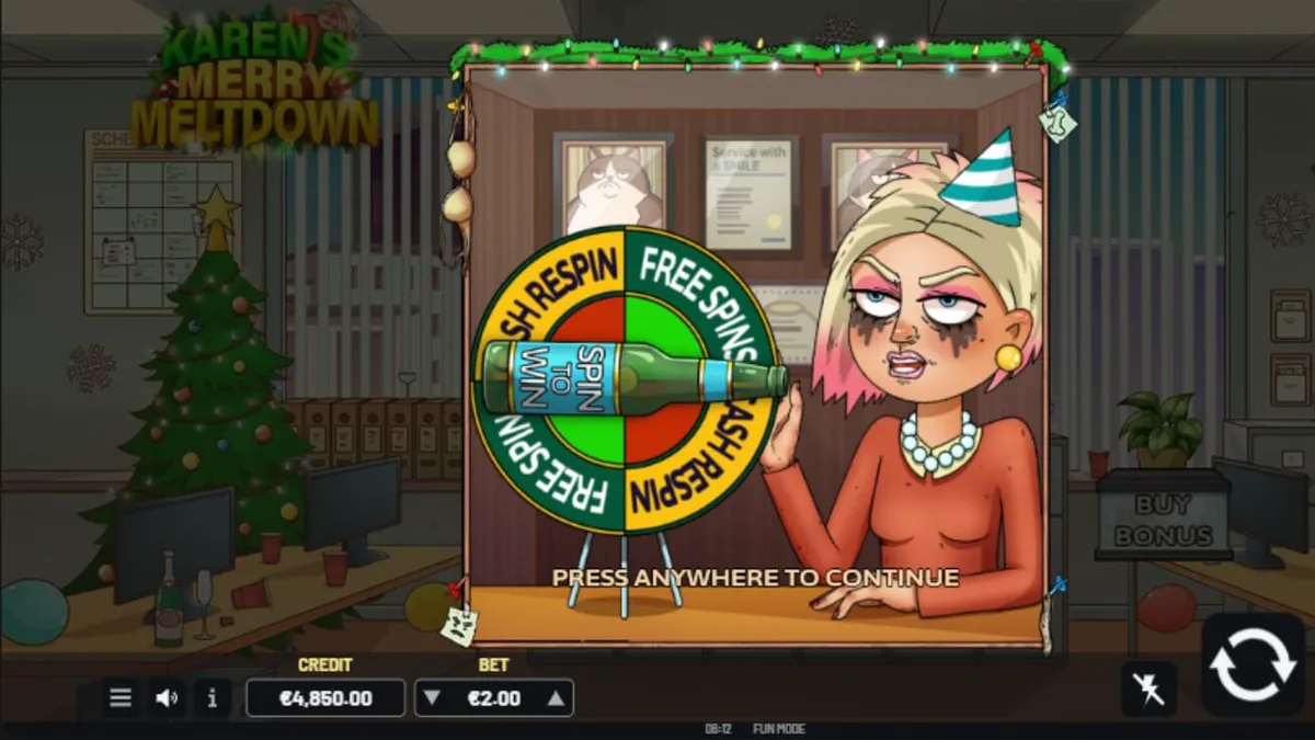 Visual vibrante do slot Karen’s Merry Meltdown com temática de festa de Natal caótica