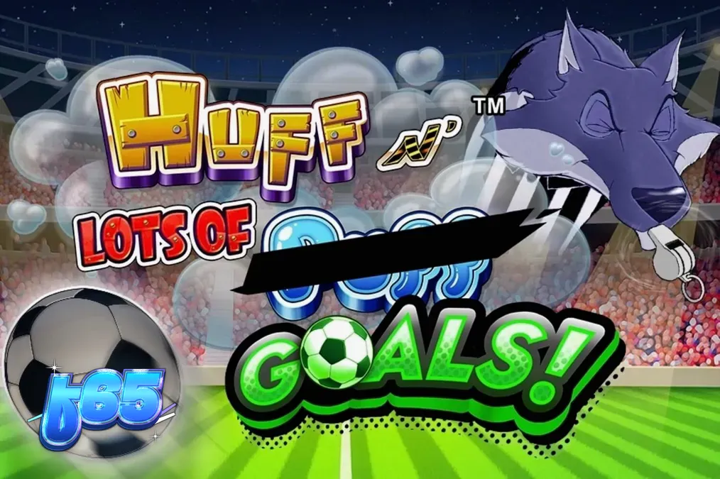 O slot Huff N' Lots of Goals apresentando os três porquinhos em um cenário de estádio de futebol.